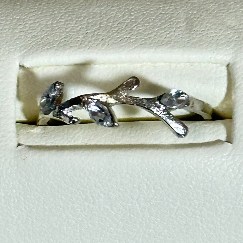 Silver tone branch ring w/3 marquee lab created or synthetic diamond leaves